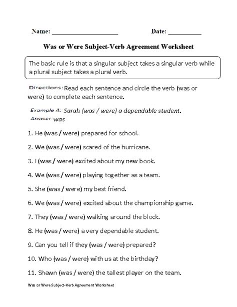 Was Or Were Subject Verb Agreement Differentiated Worksheet Was Or Were Worksheet - Was Or Were Worksheet