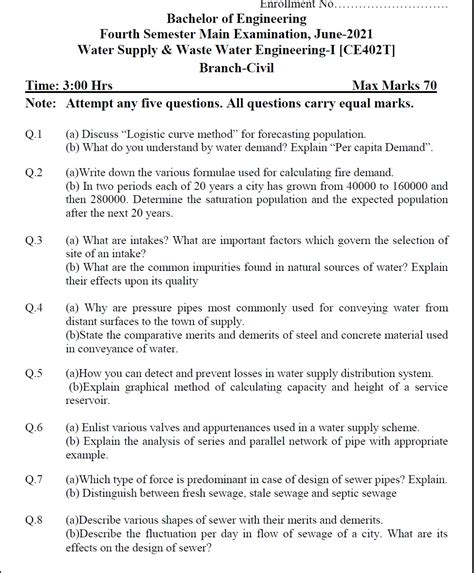 Waste Water Engineering Question Paper