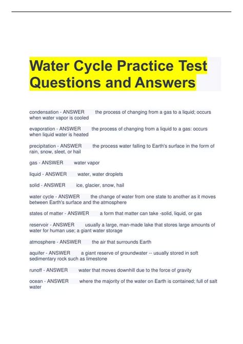 water cycle test questions high school