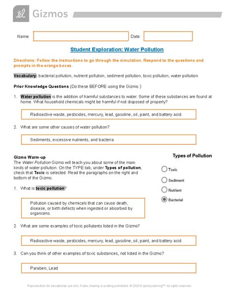 Water Pollution Gizmo Answer Key