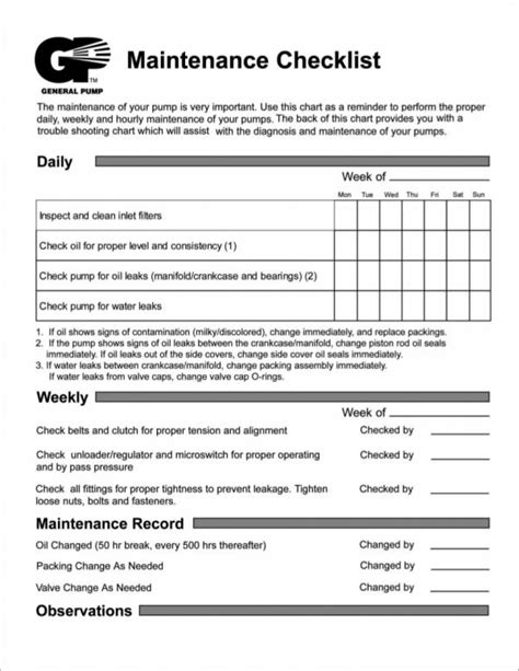 Water Pump Preventive Maintenance Checklist