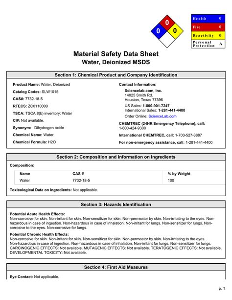 Water Safety Data Sheet