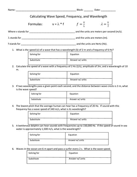 Wave Speed Worksheet