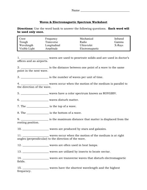Waves And Electromagnetic Spectrum Worksheet Answers