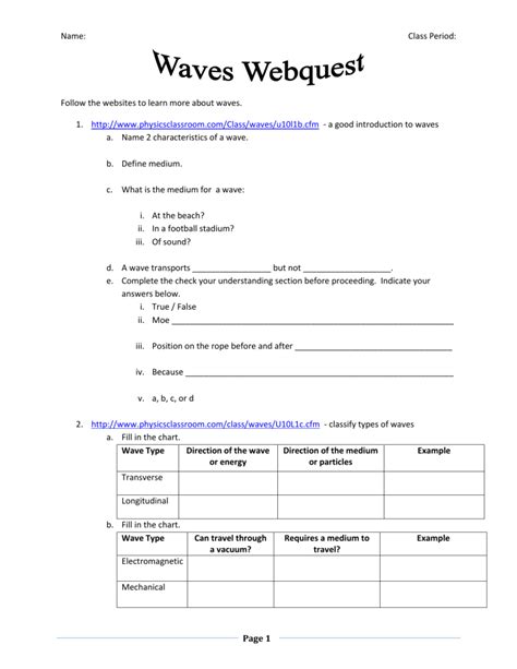 Waves And Optics Physics Webquest Answer Key Bing