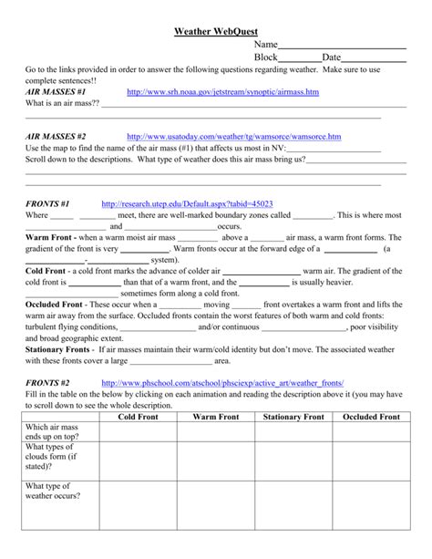 Weather Forecasting Webquest Answer Key