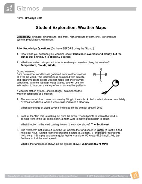 Weather Maps Gizmo Answer Key