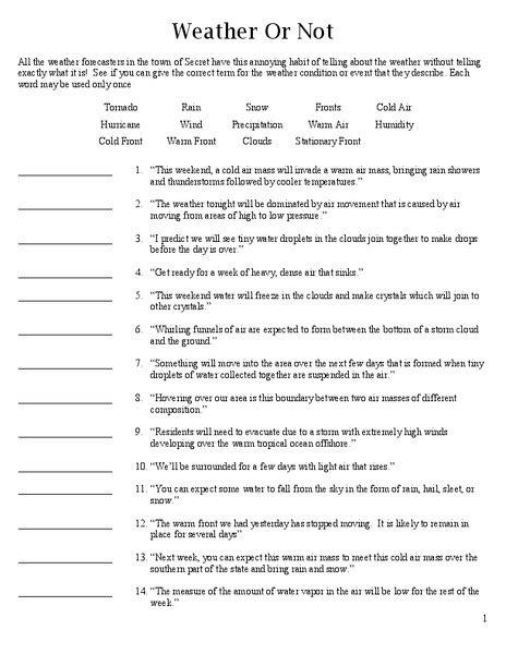 Weather Or Not Worksheet For 6th 9th Grade Weather Or Not Worksheet - Weather Or Not Worksheet