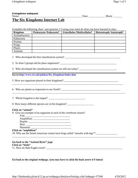 webquest six kingdoms answers