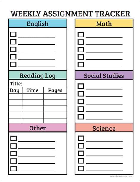 Weekly Assignment Sheet Printable