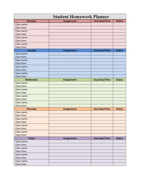 Weekly Homework Planner Template Free