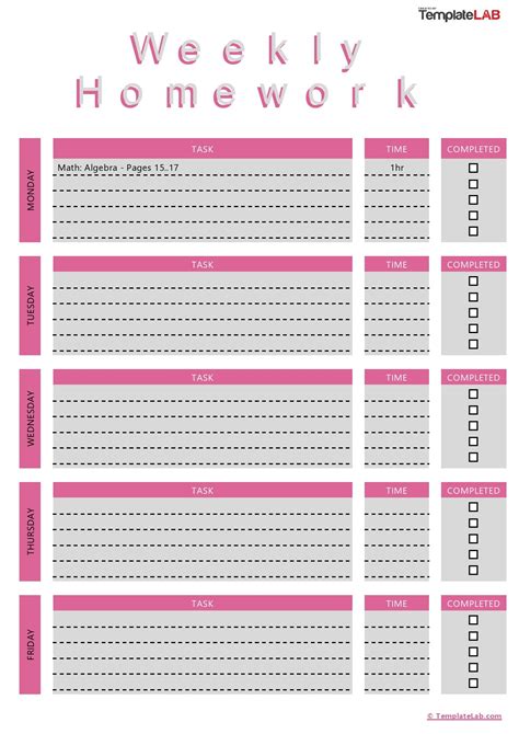 Weekly Homework Sheet