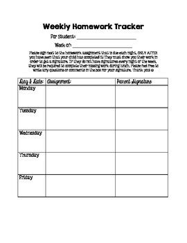 Read Online Weekly Homework Sheet Parent Signature 