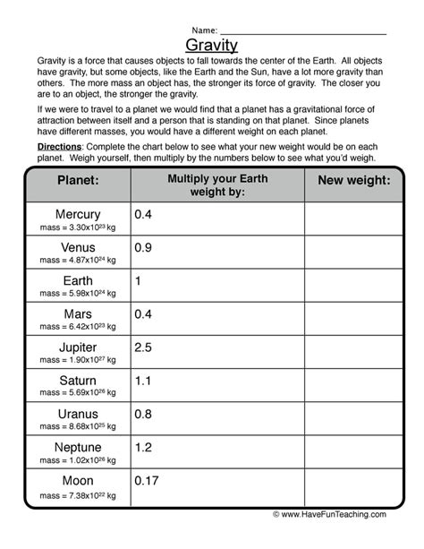 Weight Gravity Worksheet Have Fun Teaching Weight On Other Planets Worksheet - Weight On Other Planets Worksheet