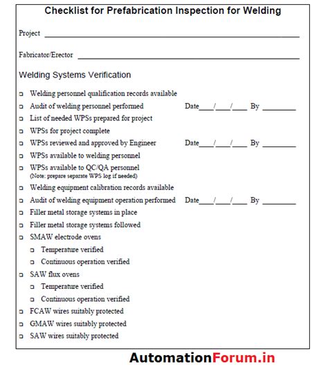 welding quality checklist Instrumentation and Control Engineering