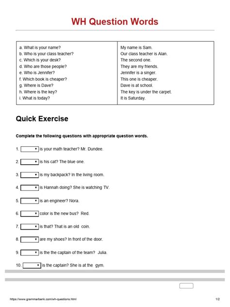 Wh Questions Exercises 1 Grammarbank Wh Question Worksheet - Wh Question Worksheet