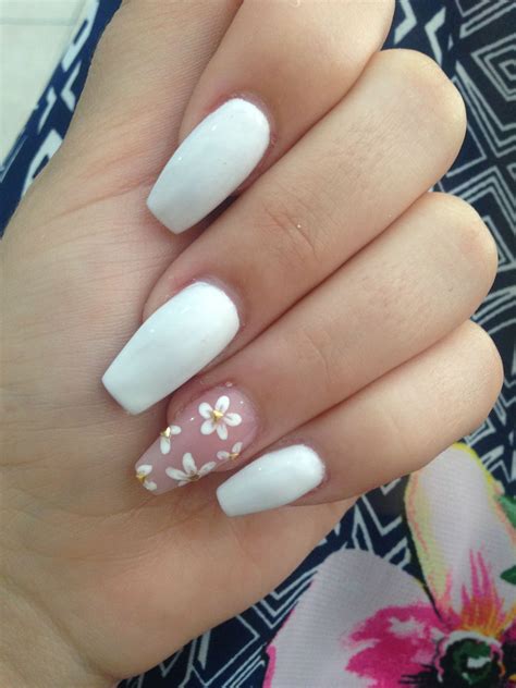 white flower design nails