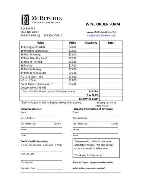 Wine Order Form Template Word Doc