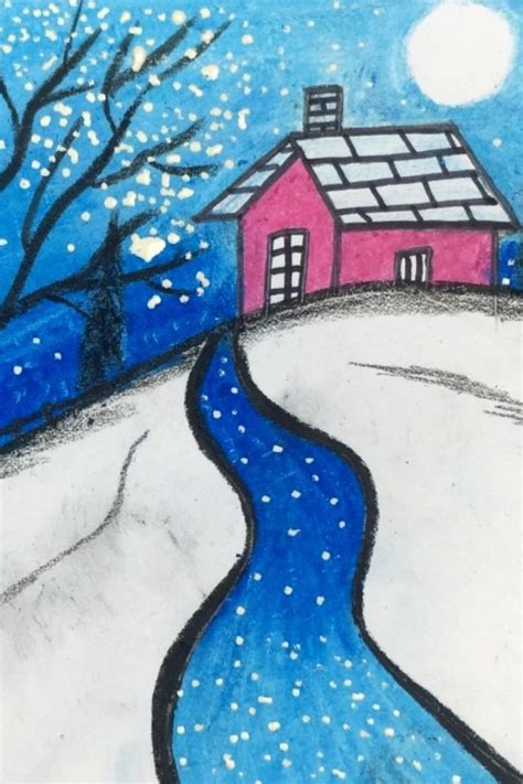 Winter Season Drawing Painting Valley Drawing Of Winter Season With Colour - Drawing Of Winter Season With Colour