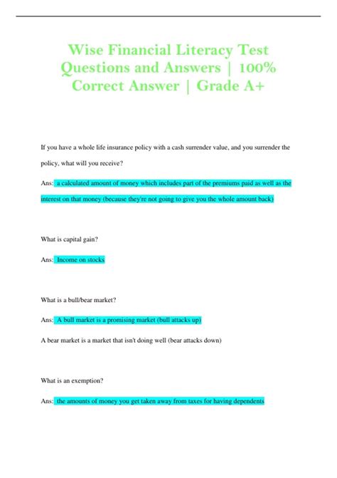 Wise Financial Literacy Test Answer Key