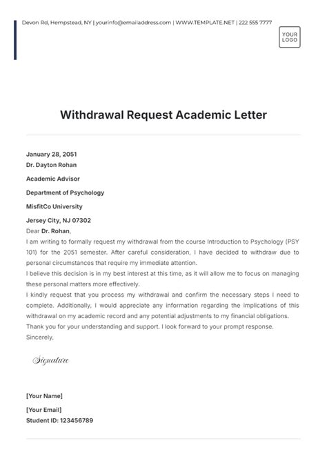Withdrawal Request Letter From Course Sample
