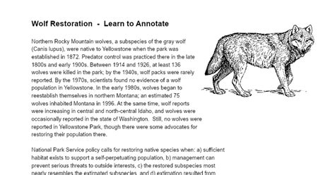 Wolf Restoration Learn To Annotate Wolves Of Yellowstone Worksheet - Wolves Of Yellowstone Worksheet