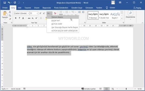word'de tüm metni büyük harf yapma Yandex. 
