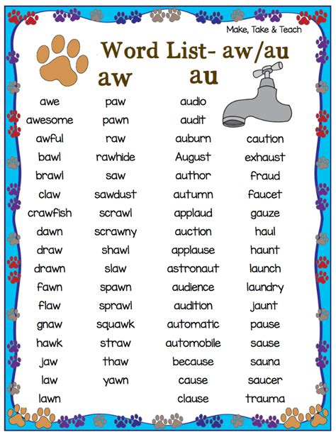 Word List Activities Au Aw Spellzone Aw And Au Words - Aw And Au Words