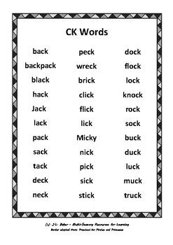 Word List Activities Ck Words Spellzone Ck Sound Words With Pictures - Ck Sound Words With Pictures