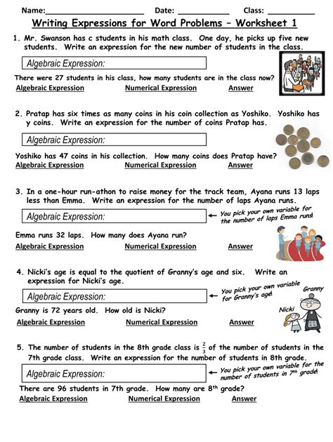 Word Problems With Variables And Expressions K5 Learning 5th Grade Worksheet Algebraic Expressions - 5th Grade Worksheet Algebraic Expressions