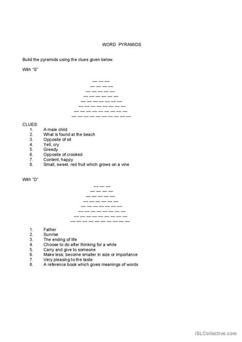 Word Pyramids Warmer Filler Cooler English Esl Worksheets Word Pyramids Worksheet - Word Pyramids Worksheet