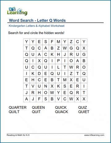 Word Search Letter Q Words K5 Learning Kindergarten Words That Begin With Q - Kindergarten Words That Begin With Q