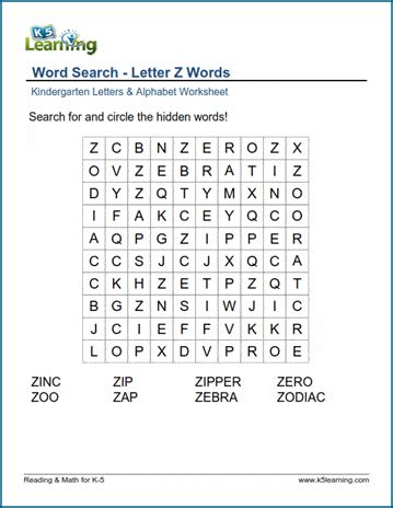Word Search Letter Z Words K5 Learning Preschool Words That Start With Z - Preschool Words That Start With Z