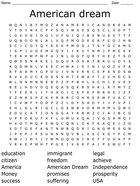 Word Search The American Dream With 20 Hidden American Dream Worksheet - American Dream Worksheet