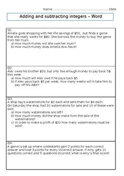 Download Word Problems Negative And Positive Integers 