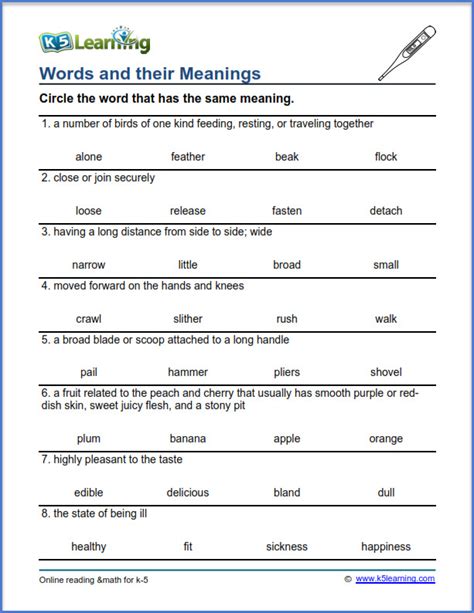 Words And Their Meanings K5 Learning Vocabulary Worksheet 2nd Grade - Vocabulary Worksheet 2nd Grade