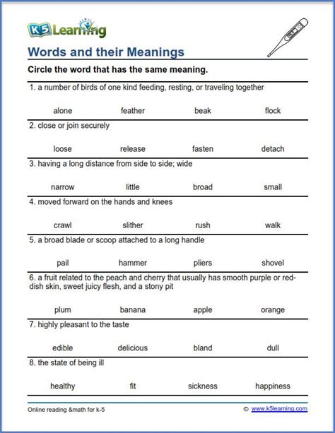 Words And Their Meanings Worksheets K5 Learning Vocabulary 5th Grade Worksheet - Vocabulary 5th Grade Worksheet