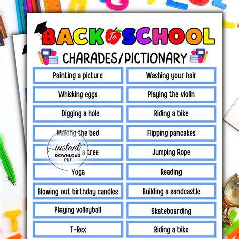 words for school themed pictionary