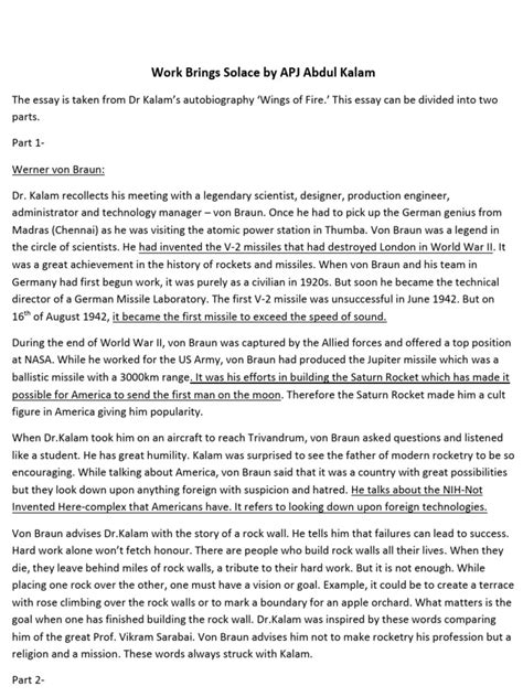 Work Bring Solace By Abdul Kalam