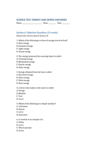 Work Energy Simple Machines Test Answer Key