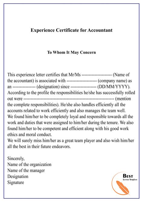 Work Experience Certificate Format Accountant