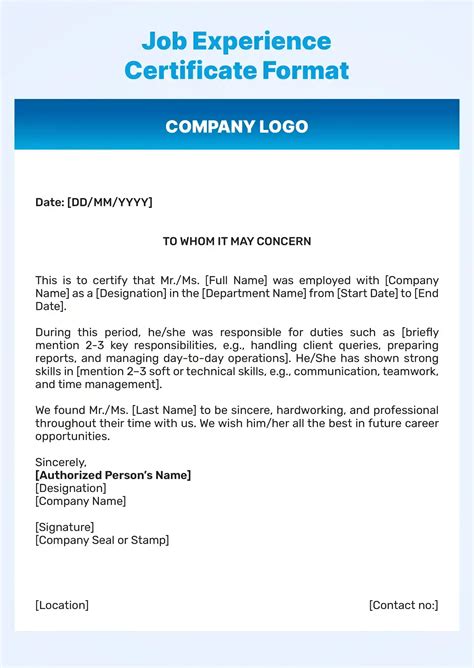 Work Experience Certificate Sample