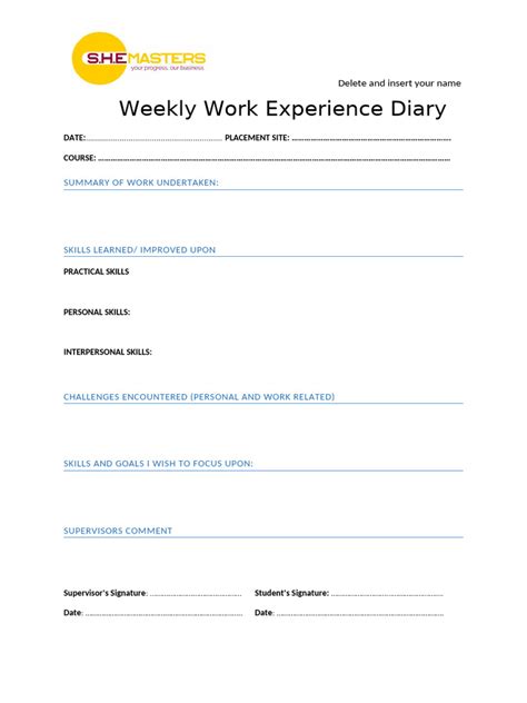 Work Experience Diary Layout