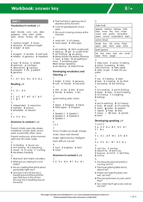 Workbook Answer Key Quest B1