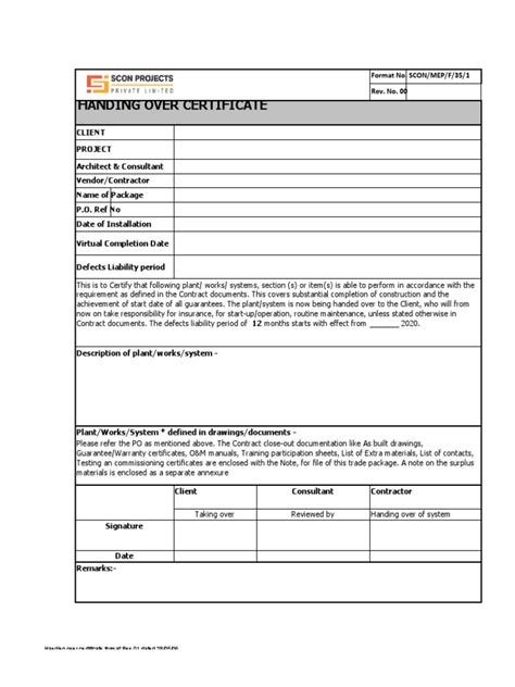 Works Handover Certificate Template