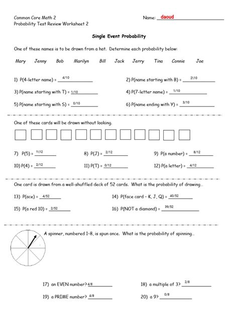 Worksheet A3 Single Event Probability Wikispaces