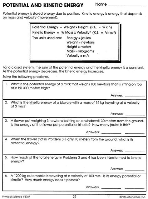 Worksheet Kinetic And Potential Energy Problems Or Electric Electric Force Worksheet 7th Grade - Electric Force Worksheet 7th Grade
