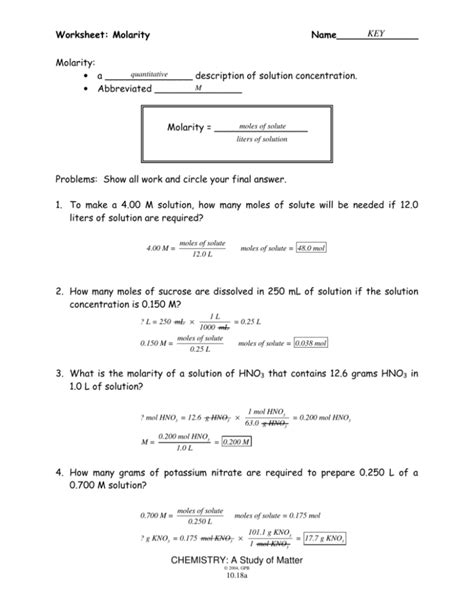 Worksheet Molarity Name