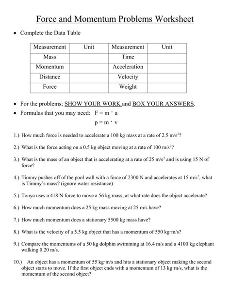 Worksheet On Force Momentum Amp Laws Of Motion Physics Momentum Worksheet - Physics Momentum Worksheet