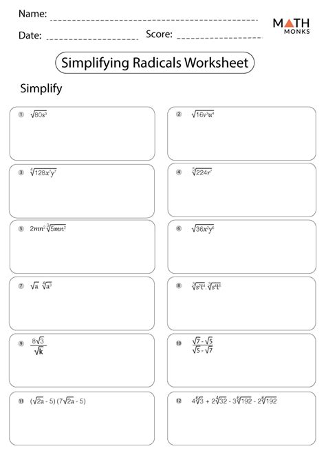 Worksheet Radicals Simplify Radicals With Numbers Algebra Radicals Worksheet Algebra 1 - Radicals Worksheet Algebra 1